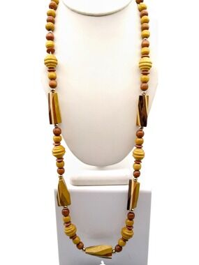 Vintage Beaded Strand Necklace with Fun and Funky Layered Wood Beads, Boho Chic